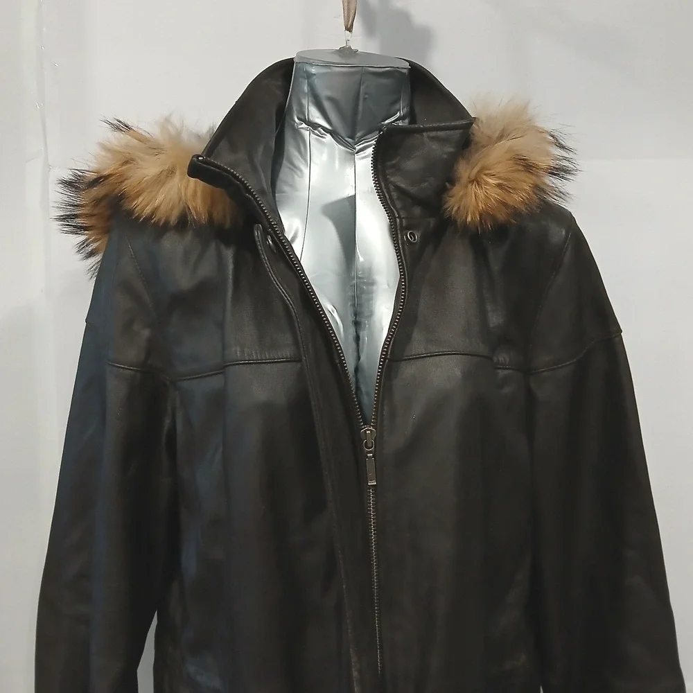 JLC‎ New York Womens Genuine Leather Parka Coat Fur Hood Zip Up Pockets Size M